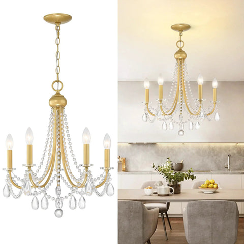 Farmhouse Crystal Chandelier For Living Room And Dining Area, Rustic Industrial Pendant Light With Five Candle Style Arms shown installed