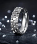 Mens Titanium Steel Ring Silver Plated With Grid Cubic Zirconia Inlay top view showcasing size 11 design with sparkling details.