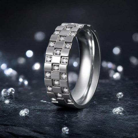 Mens Titanium Steel Ring Silver Plated With Grid Cubic Zirconia Inlay top view showcasing size 11 design with sparkling details.