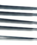 Side view of five Metal Magery 6-inch hole finder/duplicator tools for sheet metal; black steel with wheel ends