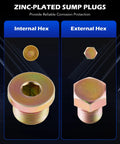 Zinc-plated internal and external hex sump plugs with corrosion protection for oil pan repairs, from 150 Piece Oil Drain Plug Repair Kit For Cars And Trucks With M13 M15 M17 M20 M22 Thread Sizes Taps Crush Washers Plugs Oil Pan Repair Case And Rethreading Tools For Fast Simple Fixes.