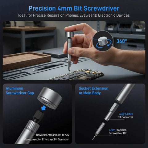 Hand using Go To All In One 74 In 1 Magnetic Ratchet Screwdriver Set with precision 4mm bit for electronics repair.