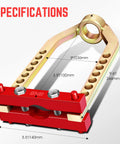 Front view of DNA Motoring universal CV joint puller tool with red base, gold frame, 9-hole adjustable arms.