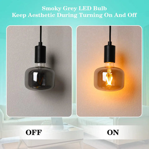 Smoky Grey LED Bulb Off and On, showcasing aesthetic during both states in a modern room setting.