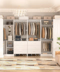 Top Notch White Closet Storage System Featuring Six Sturdy Wood Drawers Six Hanging Rods Corner Tower Shelf And Open Bottom Shoe Bin in elegant room.