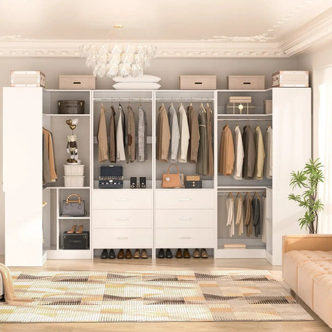 Top Notch White Closet Storage System Featuring Six Sturdy Wood Drawers Six Hanging Rods Corner Tower Shelf And Open Bottom Shoe Bin in elegant room.