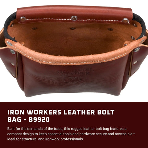 Top view of OxyRed Leather Iron Worker Bolt Bag With 3 Pockets And Tool Holders, showing open top and rugged leather design