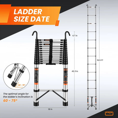 Heavy Duty Telescoping Ladder Sixteen And A Half Foot Extension With Hooks shown collapsed and extended
