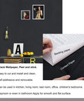 Black Peel And Stick Wallpaper 17 Inch By 240 Inch Matte Black Contact Paper Removable Waterproof Vinyl for Cabinets Countertops and Walls Self Adhesive No Mess Install displayed on wall and shown being peeled.