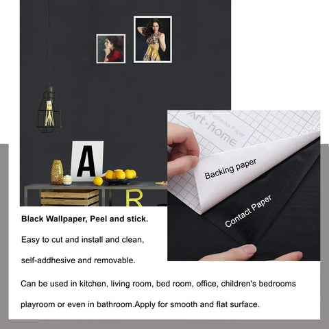 Black Peel And Stick Wallpaper 17 Inch By 240 Inch Matte Black Contact Paper Removable Waterproof Vinyl for Cabinets Countertops and Walls Self Adhesive No Mess Install displayed on wall and shown being peeled.