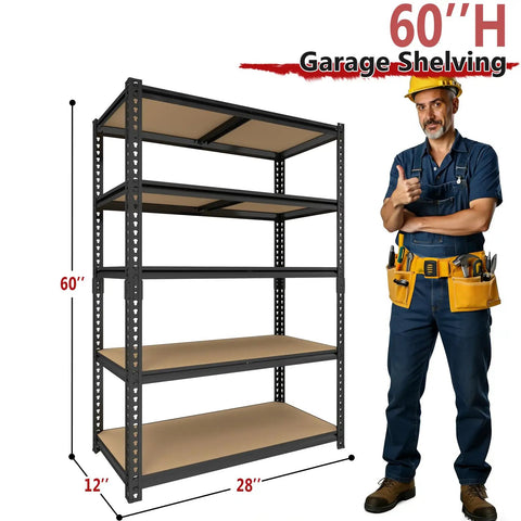 Heavy Duty Garage Shelving System Built Tough Five Adjustable Levels With Steel Frame Holds Up To 2400 Lbs Total 480 Lbs Per Shelf Ideal For Garage And Warehouse Storage 28 By 12 By 60 Inches, 60H 5-tier steel shelf