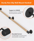 Heavy Duty 12 Foot Round Wooden Stair Handrail Wall Mount With Ironclad Grip And Bare Bones Install for safety and stability on walls.