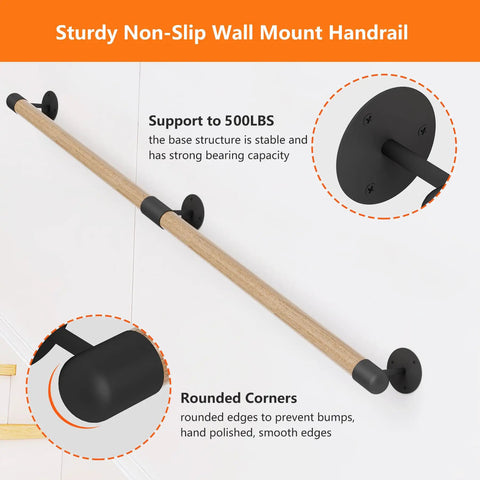 Heavy Duty 12 Foot Round Wooden Stair Handrail Wall Mount With Ironclad Grip And Bare Bones Install for safety and stability on walls.