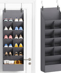 Six Tier Over The Door Shoe Organizer With Deep Fabric Pockets Keeps Your Kicks Neat Holds Up To 12 Pairs Of Sneakers And Boots For Bedroom Closet Or Dorm Room Organization In Gray, showcasing stacked shoes on a door.
