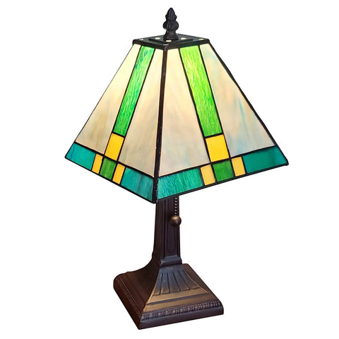 Tiffany Style Table Lamp With Stained Glass Mission Glass Panels In Rich Colors For Classic Living Room Or Bedroom Decor 8 Inch Shade 14 Inch Total Height Sturdy Metal Base Warm Ambient Glow Model AM354TL08 with green and yellow panels.
