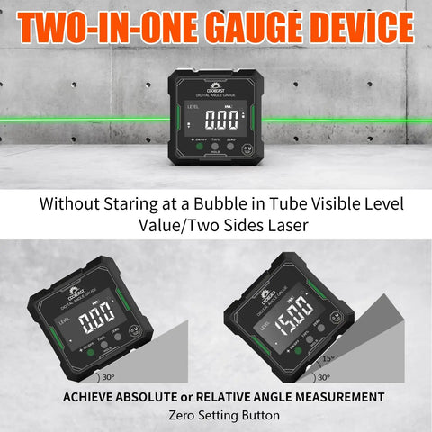 Digital Angle Finder With Dual Hella Bright Green Lasers And Rugged Magnetic Base Four Side Layout Gauge, two-in-one design, precise readings.