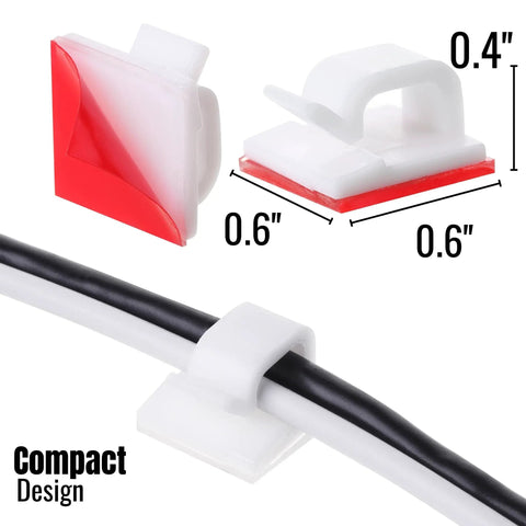 Compact Sticky Cable Clips 30 Pack White Adhesive Wire Organizers for desk cord management with size dimensions shown
