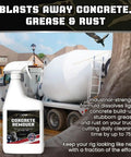 Heavy Duty Spray Concrete Remover That Melts Dried Cement To Easy Rinse Slurry While Knocking Out Stubborn Buildup Without The Harsh Fumes Or Exhausting Chore in a 32 oz bottle. Truck in background.