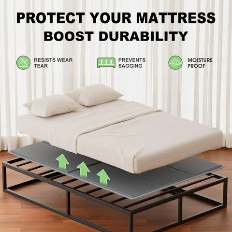 Heavy Duty Queen Bunkie Board With No Sweat Tool Free Setup, Silent Noise Blocking Mattress Foundation, Foldable 60x80 Support Frame, Anti Sag Base For Chill Nights And Solid Bed Upgrade on bed with pillows.