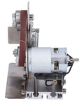 Side view of Jauarta Mini Belt Sander Grinder Aluminum Alloy Polishing Machine 9000RPM showing motor and belt.