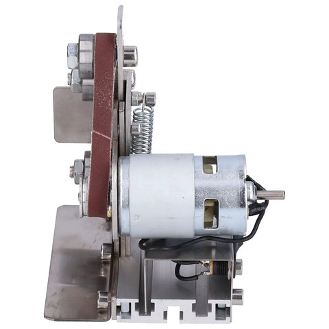 Side view of Jauarta Mini Belt Sander Grinder Aluminum Alloy Polishing Machine 9000RPM showing motor and belt.