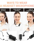 Three ways to wear a headset microphone: on the head, around the neck, handheld.