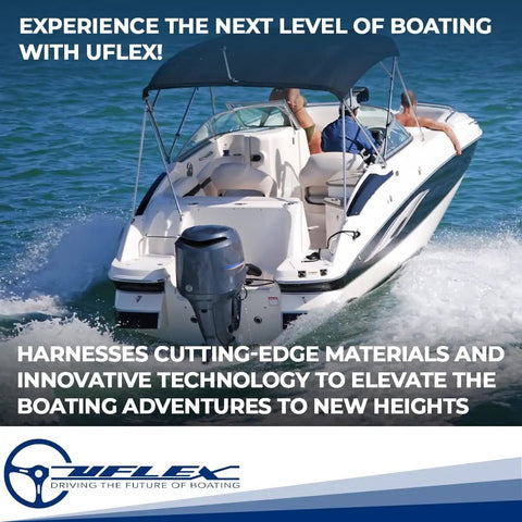 Boat on water showcasing Uflex steering with Quart Hydraulic Steering Fluid Oil For All Hydraulic Steering Systems Delivers Smooth Turns