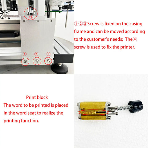 Automatic Desktop Round Bottle Labeler Plug And Play Conveyor Applicator Handles Cans Wine At Two Hundred Pieces Per Minute showing adjustable screws and print block.