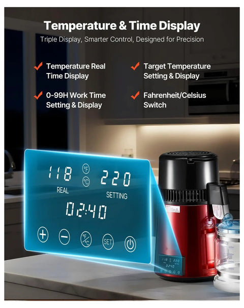 Premium Countertop Water Distiller With Four Liter Capacity And 1750 Watt Powerhouse temperature and time digital display.