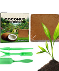 Compressed Reusable Coir Based Planting Medium For Hydroponics And Potting with tools and young plant, soil