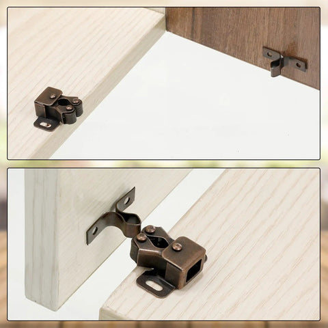 Heavy Duty 20 Piece Cabinet Door Latch And Catch Kit In Rich Brown Antique Copper Finish Solid Galvanized Steel on wood.