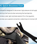 STC Quick Disconnect Tool for safe removal of high-pressure oil rail supply line with leak-resistant fit and Snap to Connect (STC) system.