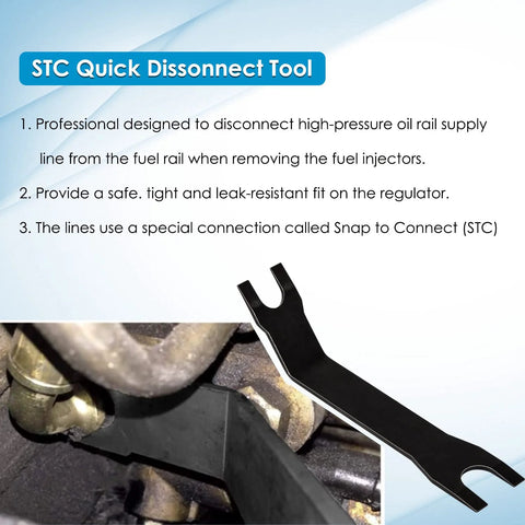 STC Quick Disconnect Tool for safe removal of high-pressure oil rail supply line with leak-resistant fit and Snap to Connect (STC) system.