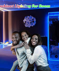 120ft Bluetooth RGB LED Strip Lights With App Control illuminating a bedroom, creating a cozy colorful vibe with family in room.
