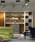 Modern living room with track lighting featuring R20 LED Light Bulb 45W Equivalent Dimmable Daylight 5000K setup