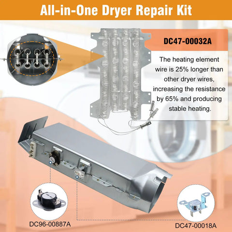 3 Wire Dryer Heating Element Assembly Replacement For Select Dryers, Heavy Duty Plug And Play Coil, DC93-00154A Fits DV45K6500EV A3 DV48J7770EP A2 DV52J8700EP A2 DV45K6200EZ A3 DV50K8600EV A3 And More, Replaces AP5582094 PS4216214 3282568