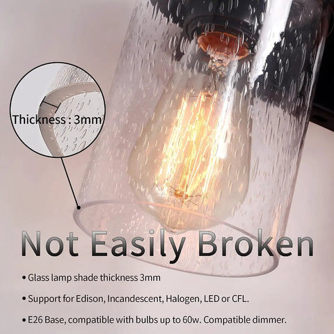 Close-up of bubble glass shade and bulb on Industrial Rustic Farmhouse Vanity Light Fixtures Three Light Over Mirror With Pretty Glass Shades
