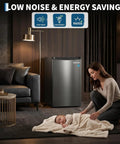 Freestanding Upright Freezer Keeps Your Frozen Goods Chilled With 3.1 Cubic Foot Capacity, placed near a sleeping baby in a cozy living room.