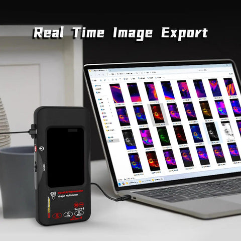 Thermal Imaging Multimeter With Macro Lens And Date Recorder 428x320 IR Resolution 15 Palettes 20000 Counts in use with laptop