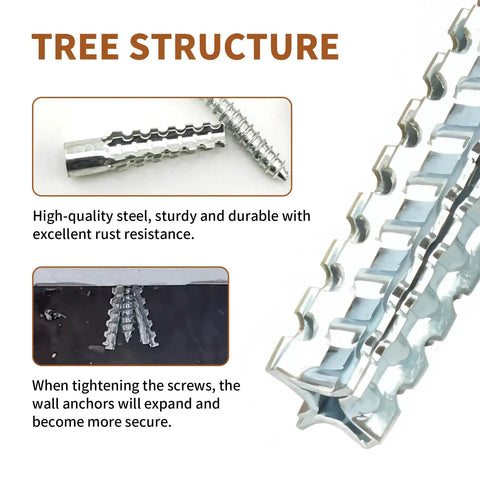 Tree shape heavy duty hollow wall anchors with screws for stripped hole fixes and wobbly hinge fixes, zinc coated steel.