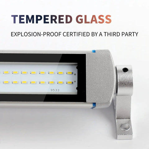 Close-up of LED Machine Light 20W IP67 Explosion Proof Light For CNC Machines And Lathe showing tempered glass and mounting bracket.