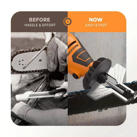 Before and after using Electric Chainsaw Sharpener Kit With Angle Guide And 4 File Size Wheel Bits For Fast Easy No Sweat Chain Maintenance Includes 120V Tool Wrench And Free Ebook For Any Chainsaw
