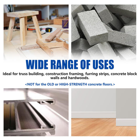 Collage showing usage of Beast Heavy Duty Pneumatic Concrete T Nailer for 14 Gauge Nails; includes wood and concrete materials.