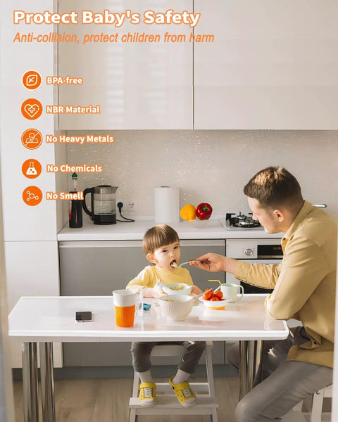 Heavy Duty Baby Corner Guards And Edge Protectors With No Fuss Peel And Stick Prep For Tot Approved Spaces Plus Extra Thick Rubber Foam Air Cushion Side Bumpers For Running Kids in a kitchen with a child at a table.