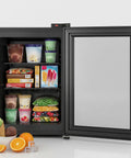 3.0 Cu Ft Upright Freezer With Clear Glass Door Sleek Black Cabinet filled with ice creams, frozen meals, and vegetables.