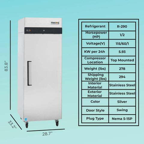 Heavy-Duty Commercial One-Door Reach-In Freezer Featuring Slick Silver Stainless Steel Build And Heavy-Gauge Adjustable Wire Bins, Legit 23-Cubic Feet Zero Frost Capacity, side view