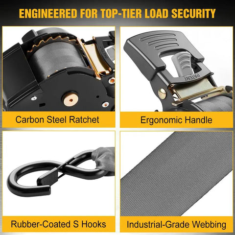 Heavy Duty Self Retracting Tie Down Straps Two Pack Two Inch By Ten Feet Four Thousand Four Hundred Pound Break Strength Auto Retractor Harness For Motorcycle Atv Utv Pickup Truck Cargo Van Grey Tough As Nails Gear with carbon steel ratchet and rubber-coated S hooks.