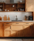 Modern kitchen with wooden cabinets featuring Matte Black Cabinet Handles Set Of 10, 5 Inch Center To Center, and modern decor.