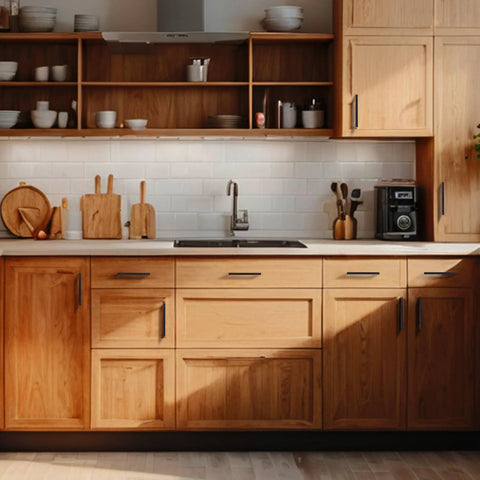 Modern kitchen with wooden cabinets featuring Matte Black Cabinet Handles Set Of 10, 5 Inch Center To Center, and modern decor.