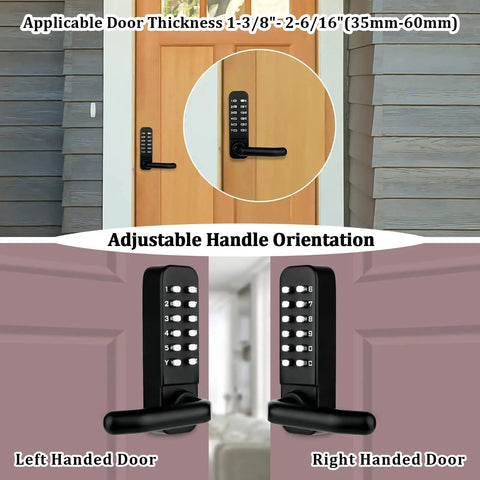 Keyless Entry Door Lock With Keypad For Exterior And Interior Doors Waterproof Black on wooden and detailed views